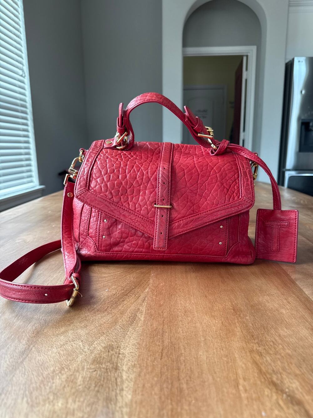 Tory Burch 797 Red Pebbled Leather Satchel Crossbody Bag Gold Hardware